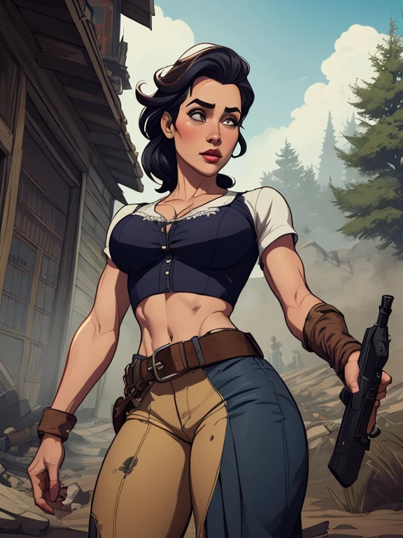 Woman character jeday style warrior armed with a 38 revolver western style atompunk Fallout 4 Jennifer Connelly le with marks of war Cartoon image of a woman .Ilustra??o estilo desenho animado, estilo de arte dos desenhos animados, estilo de arte dos desenhos animados, digital illustration style, estilo atompunk design de personagens altamente detalhado, arte digital detalhada coragem, Forest fan art, Design de personagens de retrato, beautiful digital illustration, retrato de alta qualidade, Arte em quadrinhos, mulher jovem cabelo com transas lindas . Queen Anna of ArendelleBeautiful lined eyes Medium large bust and wonderful sexy clothes. image expression of sexual desire from waist to head illustration Queen Anne of Arendelle atompunk style Fallout 4 The perspective is from below, enfatizando a majestade e o poder da Gigante." armed with a 38 western style revolver with a 38 revolver in her hands jeday warrior style