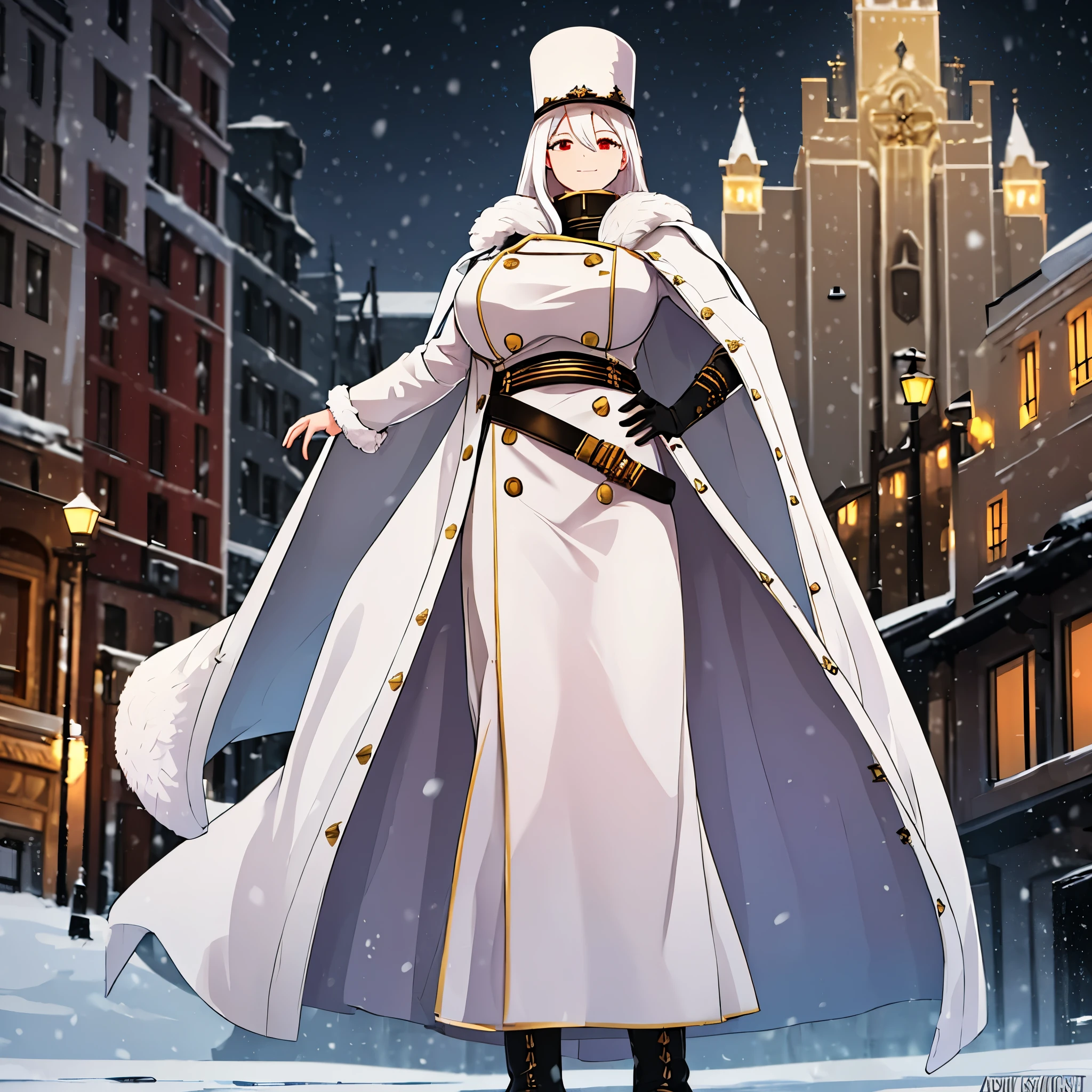 A woman wearing long white military dress with gold details, wearing a long white fur coat, imperial Russian military hat, long white hair, black boots, smiling, big breasts, red eyes, walking on a city promenade in snowy weather , orange lighting, at night,HDR, ultra resolution, well defined, masterpiece, 8K HD (woman solo )
