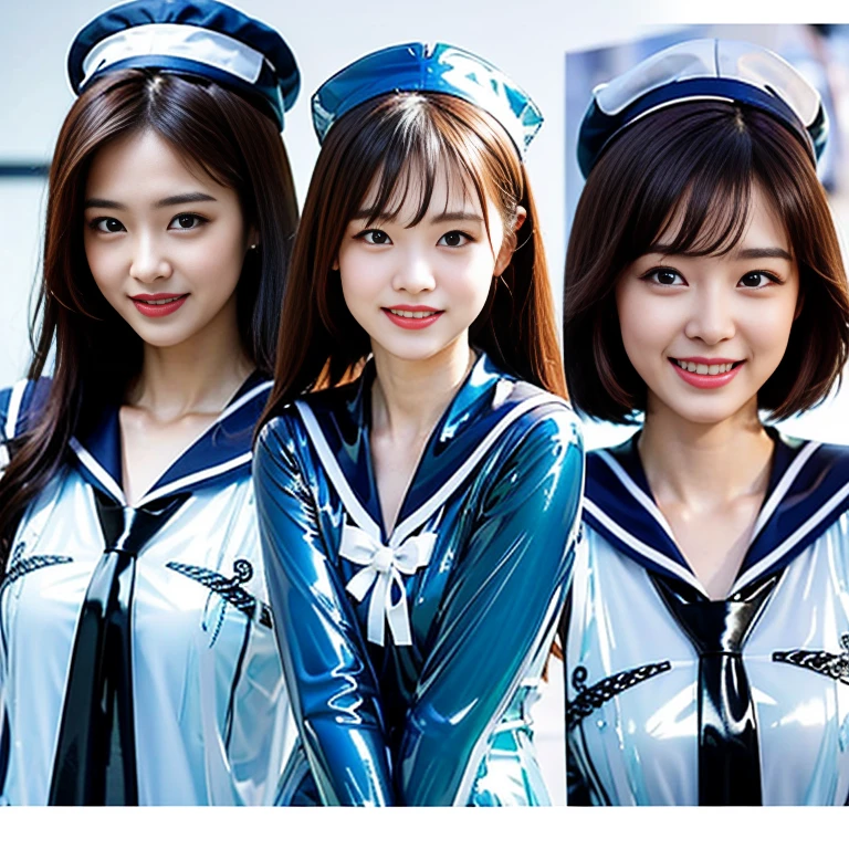 A young and beautiful woman、very beautiful、Top Idol、(Concert)、Euphoric look、smile、sweating、Dance hard、Hair is moving、((Tight transparent latex sailor suit:1.45))、(ribbon、Sailor Hat)、Spotlight、View your viewers、cr1r3
