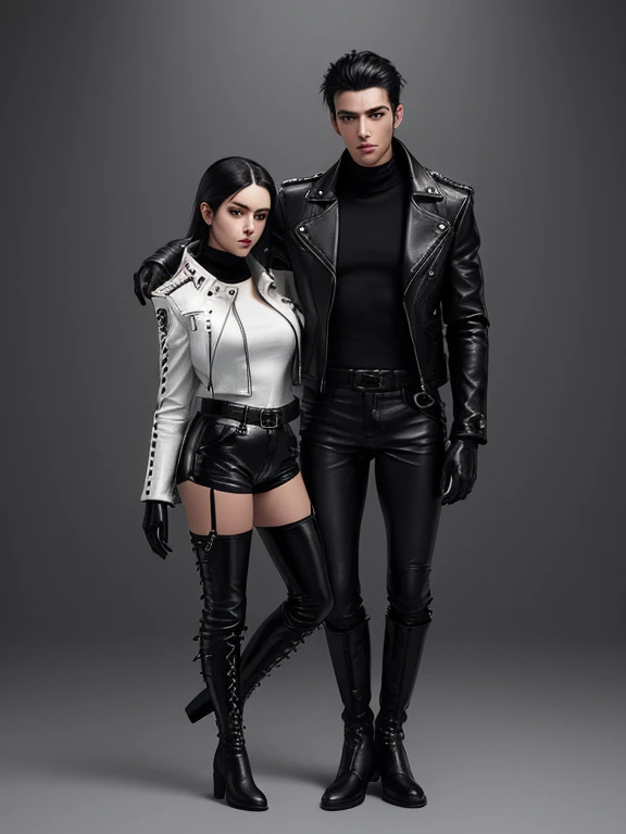 Final Fantasy-style graphics, young, Cute and cool Japanese boys and girls, Both have thin eyebrows and large eyes,  Both are wearing shiny white single-breasted leather jackets.。..。Biker style leather jacket、 with epaulettes,  The jacket is zipped up, The jacket pockets are black., The jacket has a high stand-up collar with a belt,They are both wearing black turtlenecks.., The man is wearing black leather pants、The girl is wearing black leather shorts and black pantyhose., Both of them are wearing thin black leather gloves.., The man was wearing long black leather lace-up boots.,、The girl is wearing black leather knee-high boots.、 Please show me your whole body, From head to toe., Final Fantasy Style、((Handsome))、((Beauty))、((Man and woman couple))、((Clear eyes and nose))、((Shiny white single leather jacket))、((Both jackets must be white.))((The jacket has epaulettes))、((The jacket has a high stand-up collar and a belt.))、((The jacket has a black pocket))、((Black turtleneck shirt))、((Man in shiny black leather pants))、((She&#39;s wearing shiny black leather shorts))、((Shiny black leather gloves on both handen&#39;s black lace-up leather long boots))、((The woman is wearing knee-high leather boots))、((Woman wearing black pantyhose))、((View the whole body image from a distance))、Realistic image quality and texture、In a small cell、close your eyes、Has a gentle smile、((The jacket is closed with a zipper))、((Neither of them have exposed skin below the neck.))、((The two stand side by side))、