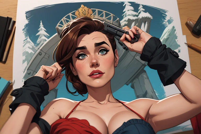Woman character jeday style warrior armed with a 38 revolver western style atompunk Fallout 4 Jennifer Connelly le with marks of war Cartoon image of a woman .Ilustra??o estilo desenho animado, estilo de arte dos desenhos animados, estilo de arte dos desenhos animados, digital illustration style, estilo atompunk design de personagens altamente detalhado, arte digital detalhada coragem, Forest fan art, Design de personagens de retrato, beautiful digital illustration, retrato de alta qualidade, Arte em quadrinhos, mulher jovem cabelo com transas lindas . Queen Anna of ArendelleBeautiful lined eyes Medium large bust and wonderful sexy clothes. image expression of sexual desire from waist to head illustration Queen Anne of Arendelle atompunk style Fallout 4 The perspective is from below, enfatizando a majestade e o poder da Gigante." armed with a 38 western style revolver with a 38 revolver in her hands jeday warrior style