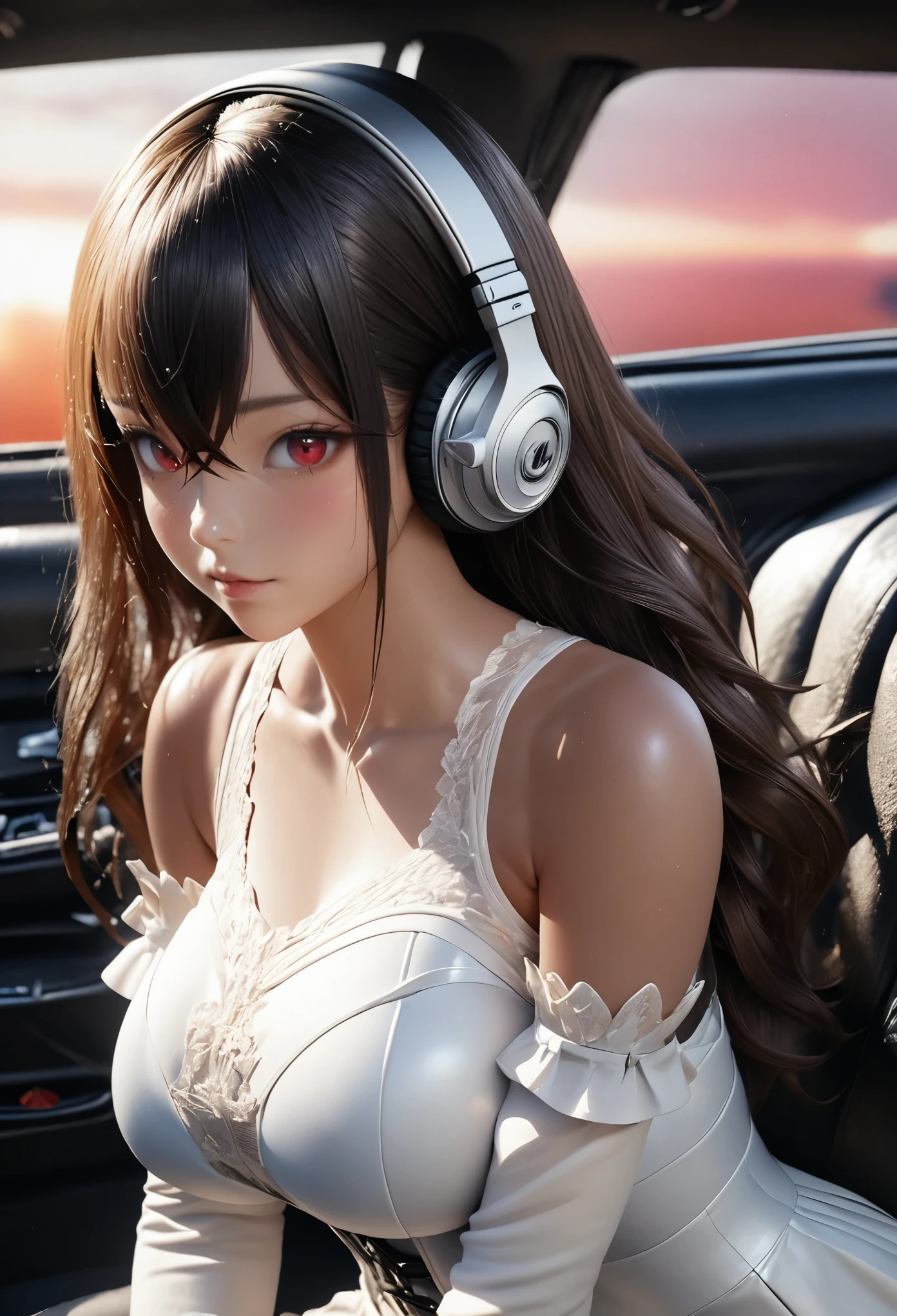 (masterpiece:1.3), (8K、photorealistic, Raw photo, best quality:1.4), Drawing a person using line art、Intricate details、High resolution、Depth Field、Natural light、Professional Lighting, (1 girl), (solo), (cute:1.2)、Very beautiful 18 year old manga girl、 Photorealistic anime girl rendering, Realistic anime 3d style, beautiful silver long hair, crossed bangs, asymmetrical bangs, Put out your ears、eyelash、Red eyes、Charm、(Big natural breast), (perfect anatomy), (hair ribbon, one-piece tan, clothes, detached sleeves, corset, frills, white panties), ((flered skirt)), (Sophisticated headphones)、glowing skin, (high detail skin: 1.2), (Futuristic luxury car interior、Sitting in a car seat、Lift your legs、Spread your legs)、(short boots)、(Sexy Girl:1.2)、Red sunset clouds、it's raining、A decadent and futuristic city area at night、(cyber punk)、(futuristic car、Flashing red light)、Soft Light、Bright colors、