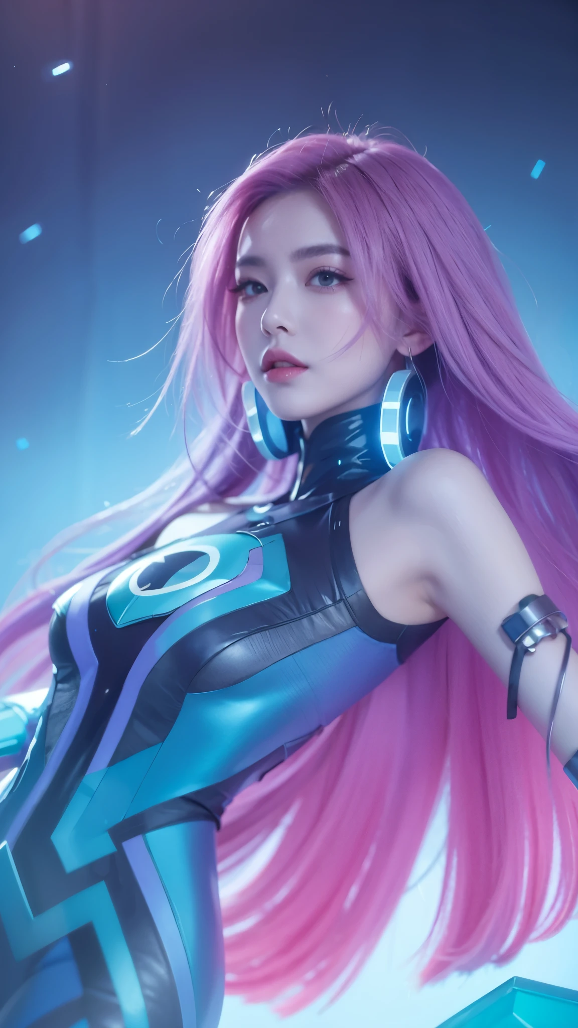 a woman with long purple and pink hair and a blue outfit, portrait knights of zodiac girl, cyborg goddess in cosmos, artgerm jsc, extremely detailed artgerm, style artgerm, knights of zodiac girl, artgerm detailed, artgerm style, trending artgerm, artgerm lau