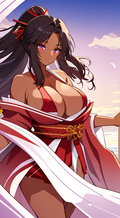 masterpiece, best quality, anime Illustration, 4k, 1 girl, solo, standing, long hair, black hair, violet eyes, high ponytail, red hair ribbon, red ribbon, red hakama and white kimono, thin fabric, nipples, erect nipples, big breasts, huge breasts, exposed breasts, looking_at_viewer, lewd, mischievous grin, upper_body, dark skin, ((Village background:1.0)), ((dark skin: 1.5)), , ((parted bangs: 1.4)),  parted bangs, large forehead, purple eyes, red hakama, Open robes, open Kimono 