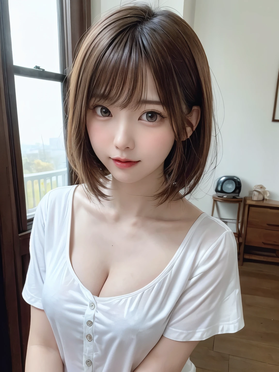 (8k、highest quality、masterpiece:1.8、bangsのあるショートボブヘア:1.8)、(Genuine、Genuineistic:1.5)、Very detailed、1 girl、28 years old、cute、alone、Sitting、 (Beautiful face in symmetry、Beautiful face with golden ratio、smile:1.15)、(Mouth closed)、big chest、Looking into the camera、Looking into the camerachest元、Beautiful and beautiful eyes、big, Round eyes、Transparent double eyelids、eyelash、lips、(White shirt:1.6)、(short hair:1.2)、Very black hair:2、bangs、Light brown eyes、Beautiful long neck、smile、shut up.、cute face、Genuineistic skin types、Genuineの質感、Unbutton、淡いピンクのlips、There&#39;s Genuinely no background、Genuinely pure white background、28 years old,Natural light、上lipsが厚くない、Hands are lowered、(({Huge|big|Hugeな|Mega} chest:2, chestの谷間:2、Beautiful neckline))