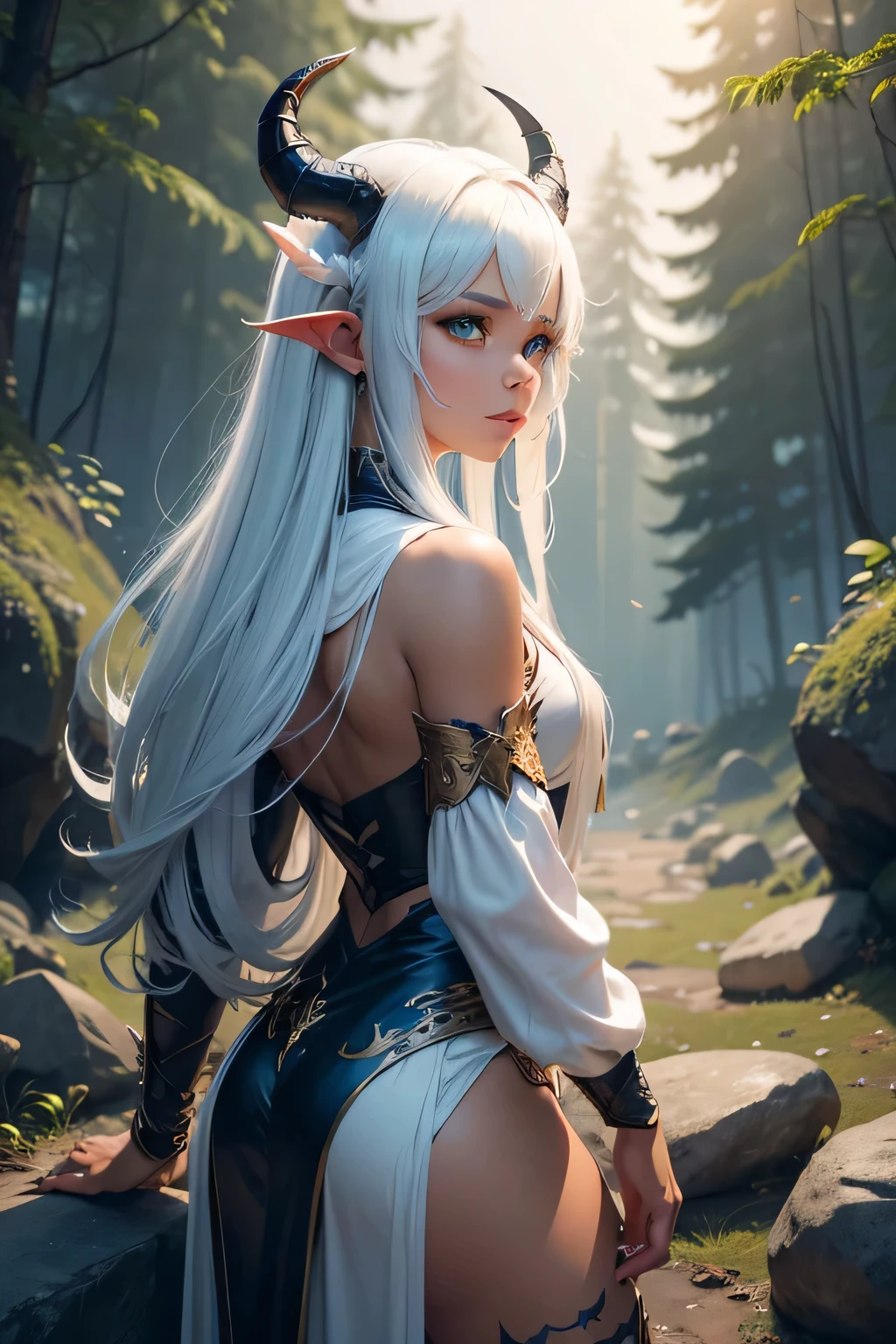 Demi-human, half human, half dragon, horns on head, wings on back, long hair white, blue eyes, dark skin, caramel-colored skin, black outfit, dark tone outfit colors, dragon tail, tail, scales on the skin, skin scales, scales, dragon man, dragon, night background, woods background, trees, rocks on ground and grass, male, 