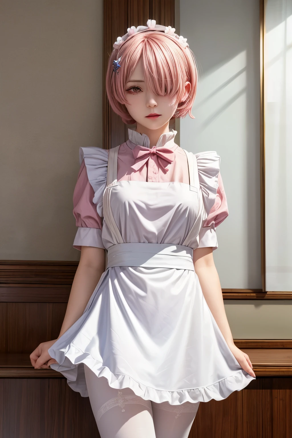 ((highest quality)), ((masterpiece)), figure, (detailed), One girl, Ram_Re:Zero, cute, Little, Sharp Eyes, Pink Hair:1.1, short hair, (Hair on one eye:1.3), Red eyes:1.2, roswaal apartment maid uniform, apron, (White Pantyhose:1.2), View your viewers, Upper Body, From below, anger, Irritation, Glare, apartment, (High resolution:1.2)