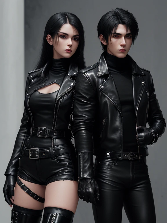 Final Fantasy-style graphics, young, Cute and cool Japanese boys and girls, Both have thin eyebrows and large eyes,  Both are wearing shiny white single-breasted leather jackets.。..。Biker style leather jacket、 with epaulettes,  The jacket is zipped up, The jacket pockets are black., The jacket has a high stand-up collar with a belt,They are both wearing black turtlenecks.., The man is wearing black leather pants、The girl is wearing black leather shorts and black pantyhose., Both of them are wearing thin black leather gloves.., The man was wearing long black leather lace-up boots.,、The girl is wearing black leather knee-high boots.、 Please show me your whole body, From head to toe., Final Fantasy Style、((Handsome))、((Beauty))、((Man and woman couple))、((Clear eyes and nose))、((Shiny white single leather jacket))、((Both jackets must be white.))((The jacket has epaulettes))、((The jacket has a high stand-up collar and a belt.))、((The jacket has a black pocket))、((Black turtleneck shirt))、((Man in shiny black leather pants))、((She&#39;s wearing shiny black leather shorts))、((Shiny black leather gloves on both handen&#39;s black lace-up leather long boots))、((The woman is wearing knee-high leather boots))、((Woman wearing black pantyhose))、((View the whole body image from a distance))、Realistic image quality and texture、In a small cell、close your eyes、Has a gentle smile、((The jacket is closed with a zipper))、((Neither of them have exposed skin below the neck.))、((The two stand side by side))、