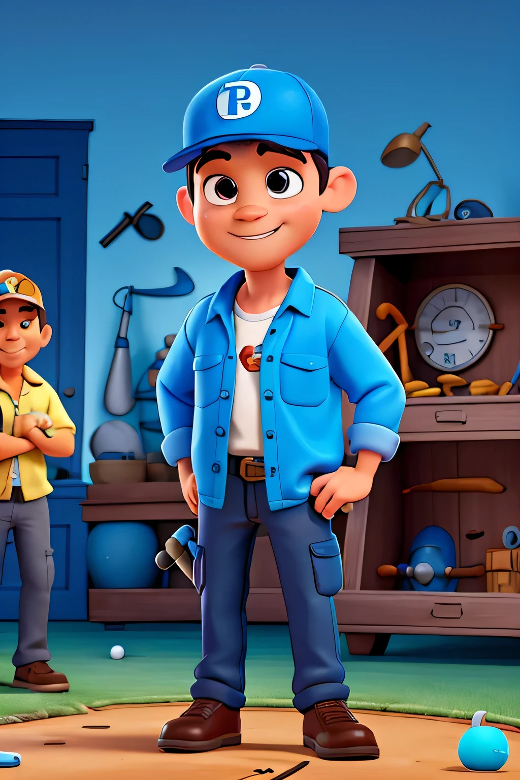 A Disney and Pixar style cartoon of an air conditioning service provider, with a cap and blue long-sleeved shirt and black pants with a wrench in his right hand and a mini-golf hanging on his shoulder. Como se ele estivesse esplicando alguma coisa a suguem