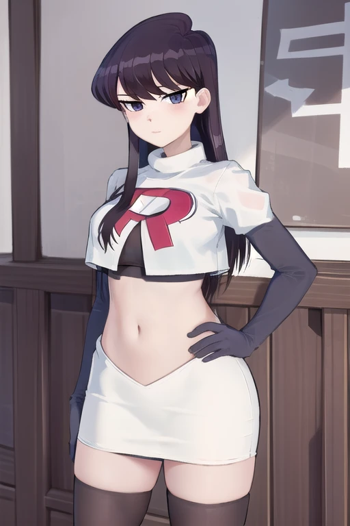 masterpiece, best quality, 1girl, solo, komi-san wa komyushou desu, looking at viewer, team rocket,team rocket uniform,white skirt,red letter R,crop top,black thigh-highs, cowboy shot 