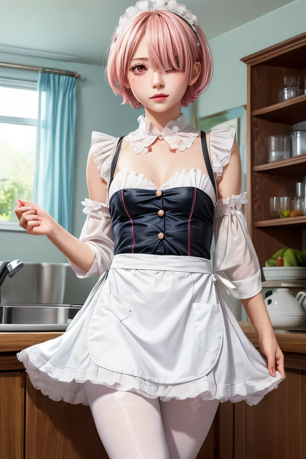 ((highest quality)), ((masterpiece)), figure, (detailed), One girl, Ram_Re:Zero, cute, Little, Sharp Eyes, Pink Hair:1.1, short hair, (Hair on one eye:1.3), Red eyes:1.2, roswaal apartment maid uniform, apron, (White Pantyhose:1.2), View your viewers, Upper Body, From below, anger, Irritation, Glare, apartment, (High resolution:1.2)