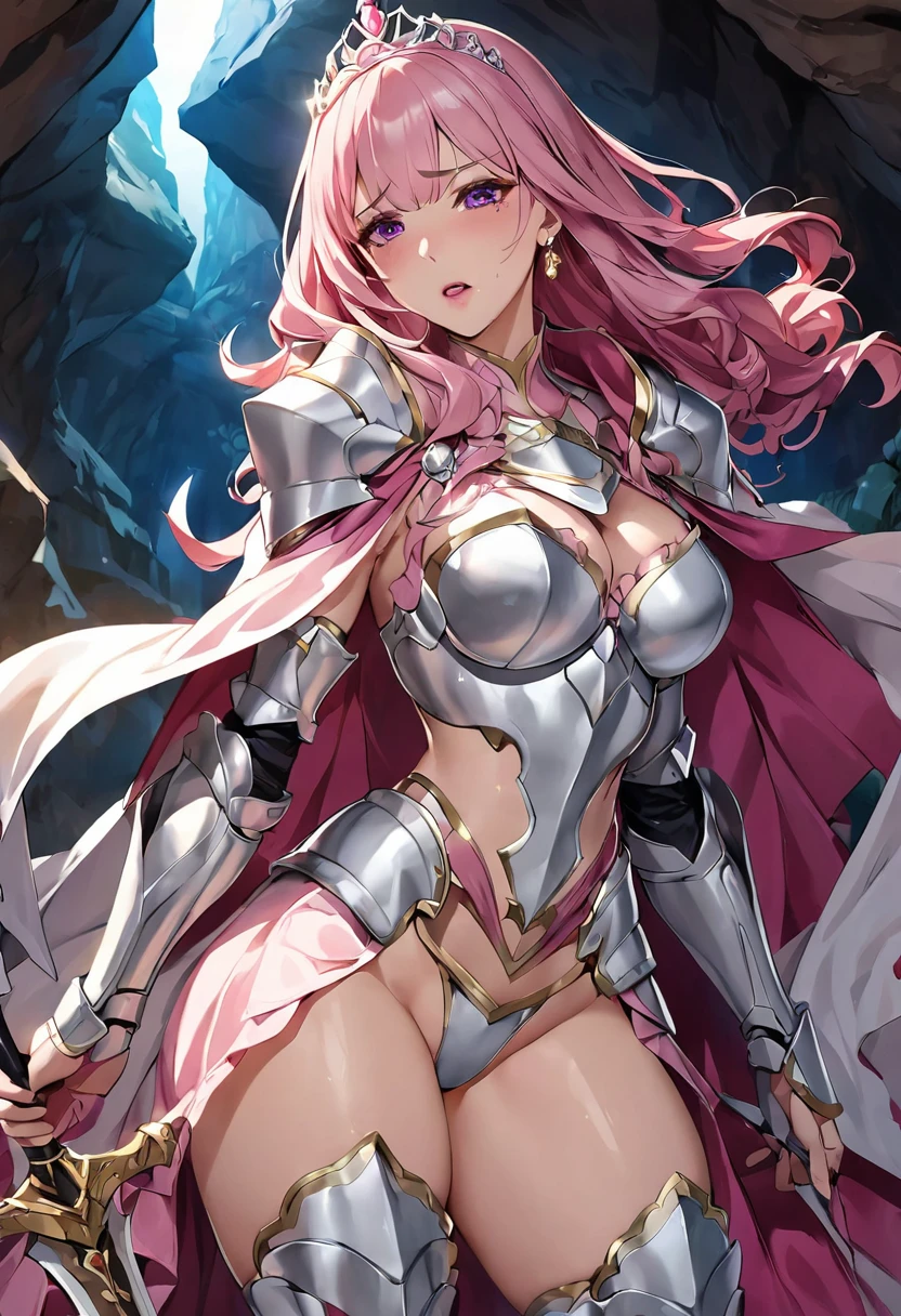 masterpiece、highest quality、Ultra-high resolution、Maximum resolution、very detailed、Professional Lighting、anime、Adult women、thin、Thick thighs、so beautiful、Beautiful face、Scared、Armored Dress、Pink full plate armor、Shiny Armor、White decoration、Gorgeous tiara、Golden earrings、Frilly Armor、Pink Hair、purple eyes、Pink Lips、Holding a sword、Cape、cave