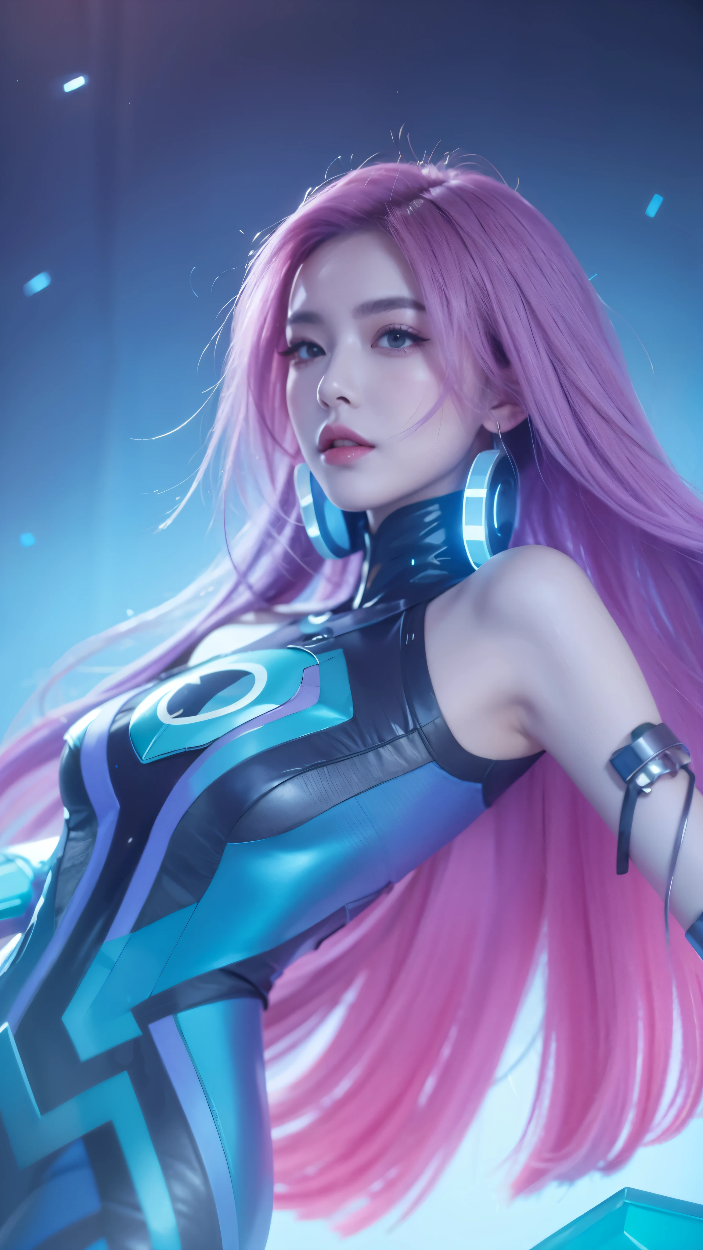 a woman with long purple and pink hair and a blue outfit, portrait knights of zodiac girl, cyborg goddess in cosmos, artgerm jsc, extremely detailed artgerm, style artgerm, knights of zodiac girl, artgerm detailed, artgerm style, trending artgerm, artgerm lau
