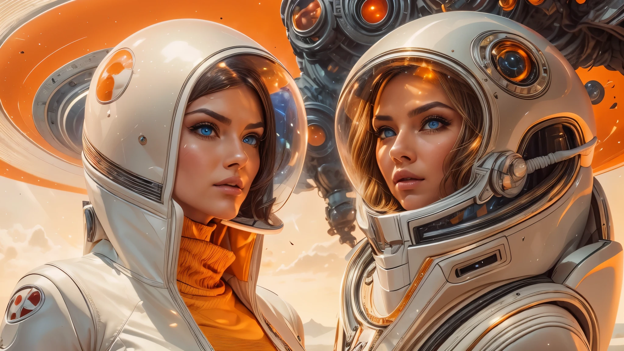 arafed image of a white woman in a futuristic suit with a spaceship in the background, movie art, in front of an orange background, inspired by Robert McGinnis, female protagonist, megastructure in the background, portrait of an ai astronaut, astronauts, an astronaut, portrait of a astronaut skeletor, perfect android girl, detailed eyes, perfectly detailed teeth, frank franzzeta and sakimichan