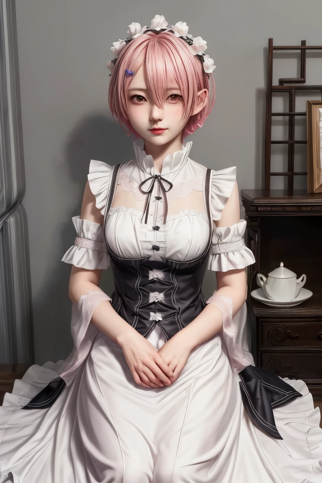 (highest quality:1.2), (Very detailedな:1.2), masterpiece, 8k wallpaper, Very detailed, One girl, Ram_Re:Zero,  Pink Hair, short hair, (whole body:1.2), Maid clothes,