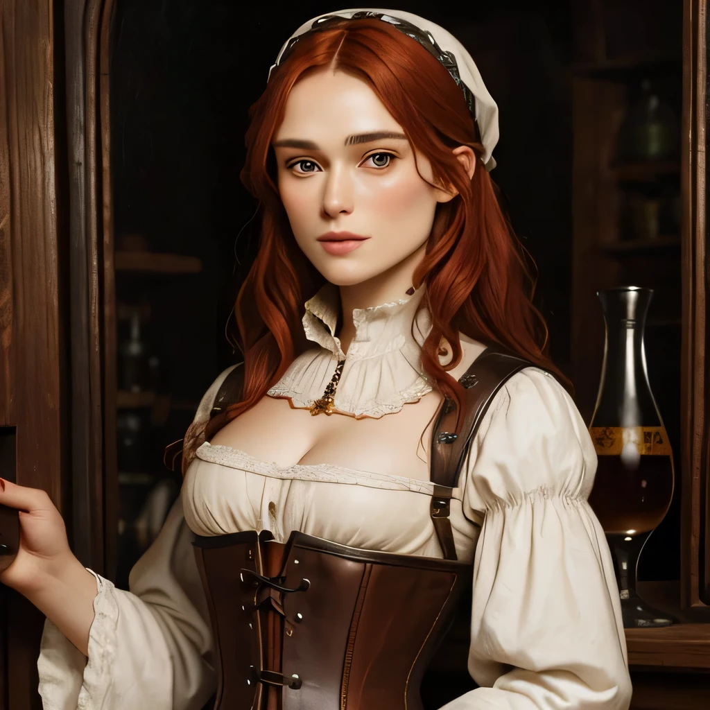 Medieval peasant woman, 16th century oil painting portrait, keira Knightley with redhair, irish ginger woman, leather corset, medieval tavern