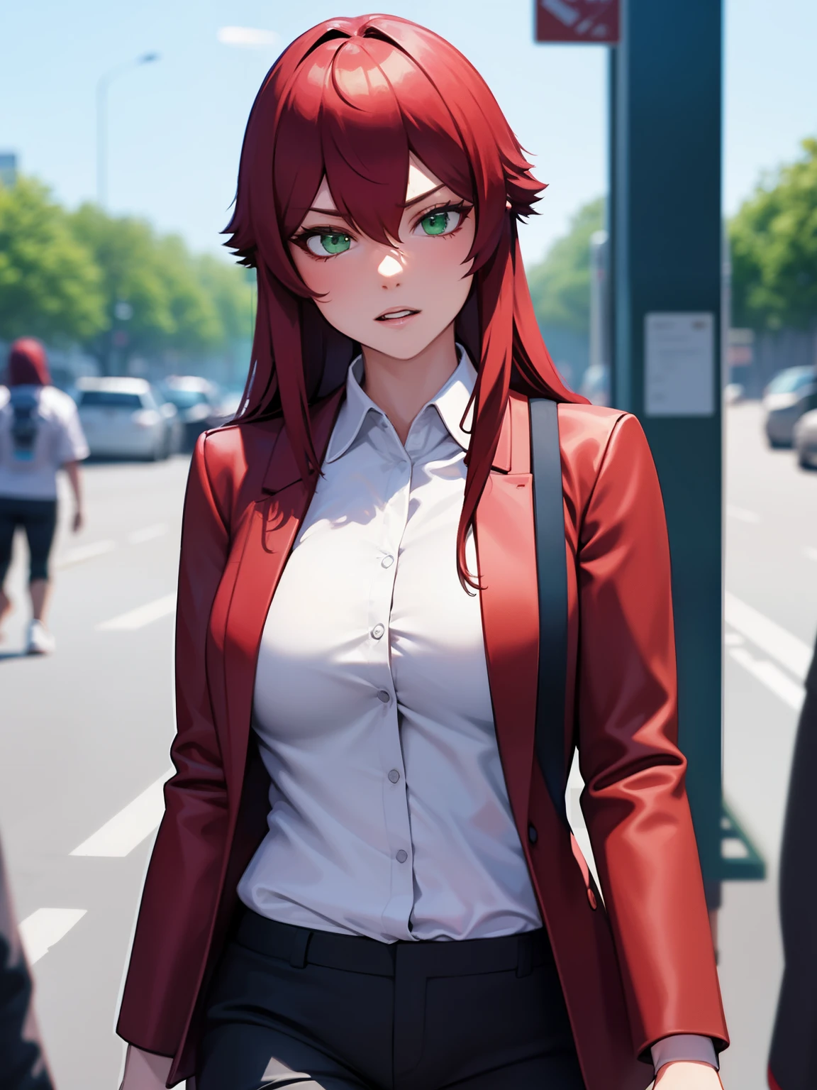 8k, best quality, masterpiece, ultra-detailed,1 adult woman,solo,29 years old,walk,half body photo, green eyes, long hair,red hair,astronaut suit,black trousers,ultra detail, ultra HD