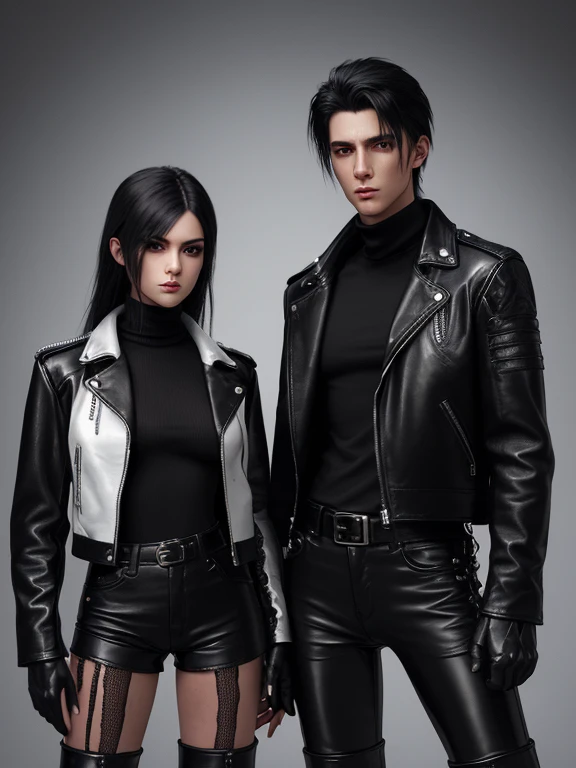 Final Fantasy-style graphics, young, Cute and cool Japanese boys and girls, Both have thin eyebrows and large eyes,  Both are wearing shiny white single-breasted leather jackets.。..。Biker style leather jacket、 with epaulettes,  The jacket is zipped up, The jacket pockets are black., The jacket has a high stand-up collar with a belt,They are both wearing black turtlenecks.., The man is wearing black leather pants、The girl is wearing black leather shorts and black pantyhose., Both of them are wearing thin black leather gloves.., The man was wearing long black leather lace-up boots.,、The girl is wearing black leather knee-high boots.、 Please show me your whole body, From head to toe., Final Fantasy Style、((Handsome))、((Beauty))、((Man and woman couple))、((Clear eyes and nose))、((Shiny white single leather jacket))、((Both jackets must be white.))((The jacket has epaulettes))、((The jacket has a high stand-up collar and a belt.))、((The jacket has a black pocket))、((Black turtleneck shirt))、((Man in shiny black leather pants))、((She&#39;s wearing shiny black leather shorts))、((Shiny black leather gloves on both handen&#39;s black lace-up leather long boots))、((The woman is wearing knee-high leather boots))、((Woman wearing black pantyhose))、((View the whole body image from a distance))、Realistic image quality and texture、In a small cell、close your eyes、Has a gentle smile、((The jacket is closed with a zipper))、((Neither of them have exposed skin below the neck.))、((The two stand side by side))、