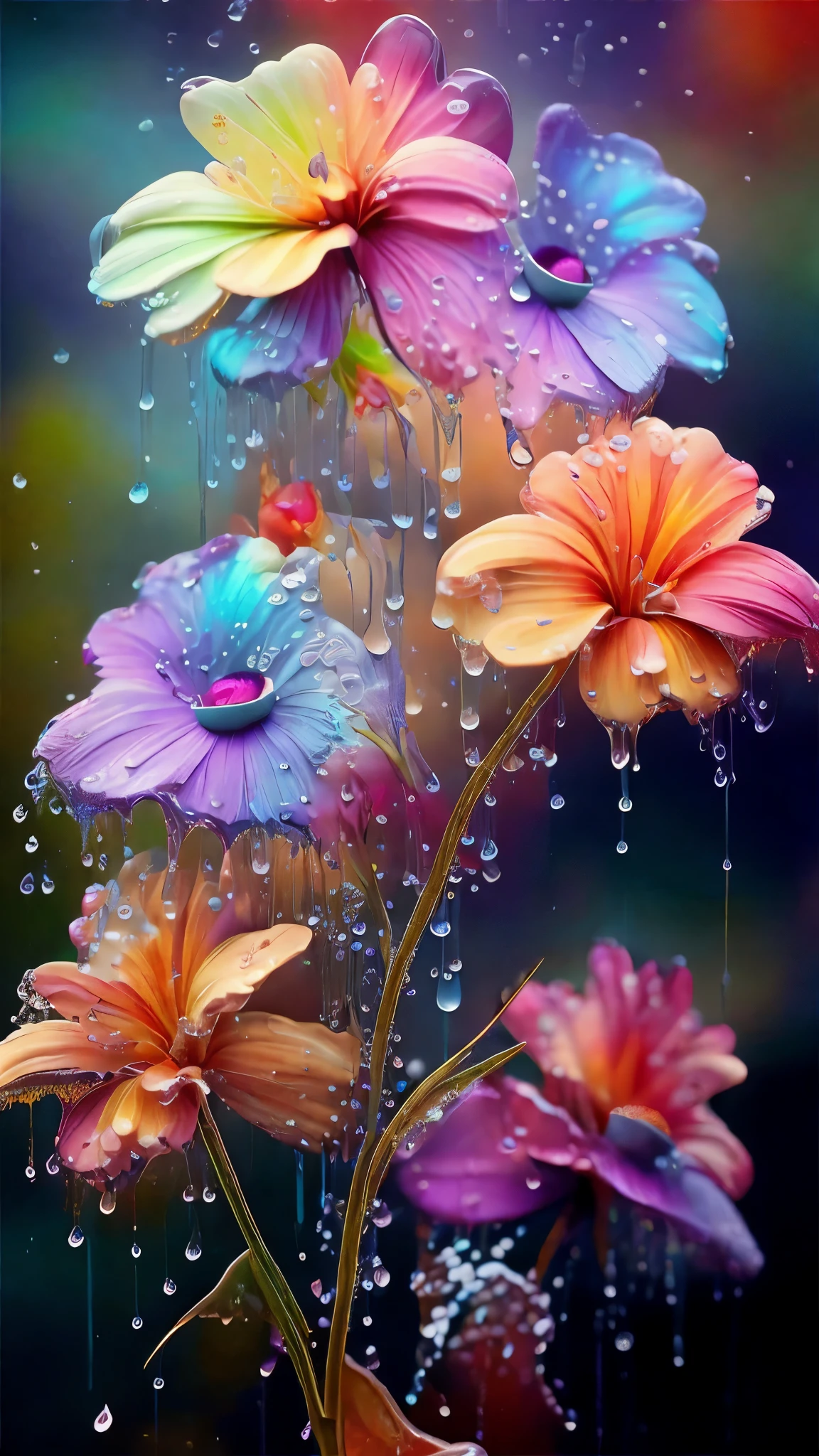 there are many flowers that are in the rain with water drops, magical colorful flowers, flowers rain everywhere, magical flowers, colored flowers, colorful flowers, beautiful iphone wallpaper, hd wallpaper, beautiful flowers, beautiful wallpaper, dripping colors, mobile wallpaper, beautiful flowers and crystals, dripping with color, colourful flowers, detailed flowers, hd phone wallpaper, amazing wallpaper, floral flowers colorful