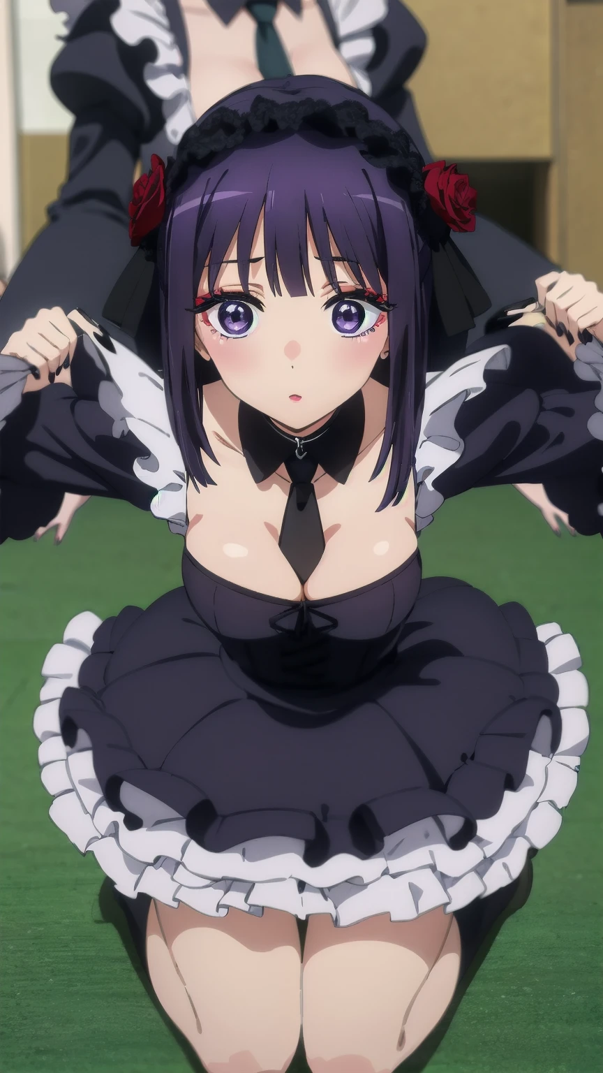 (((Pixel Perfect, Perfect detail))), 1girl, solo, shizuku kuroe, headdress, maid headdress, bangs, hair ornament, long sleeves, dress, cleavage, (purple eyes:1.1), purple hair, flower, frills, necktie, hair flower, wide sleeves, blunt bangs, nail polish, black dress, collar, cosplay, makeup, detached collar, rose, chain, frilled dress, lipstick, frilled sleeves, red flower, black necktie, leash, purple nails, chain leash, ((Comiket, cosplay, anime characters, event, otaku)), full Body