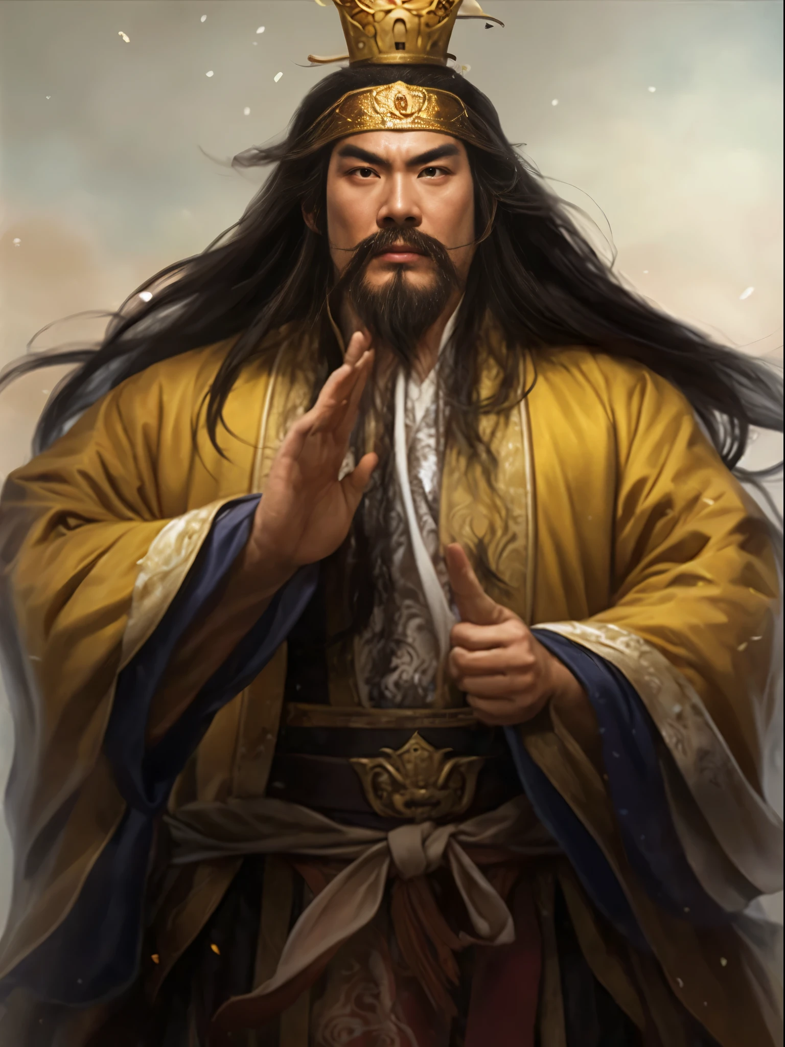 A painting,There is a man with long hair in the painting,wearing a crown, inspired by Wu Daozi, China Three Kingdoms, inspired by Cao Zhibai, Inspired by Wu Bin, bian lian, Inspired by Hu Zaobin, hua cheng, Taoist master, from three kingdoms, inspired by Wu Zuoren, guan yu, Long flowing hair and robes