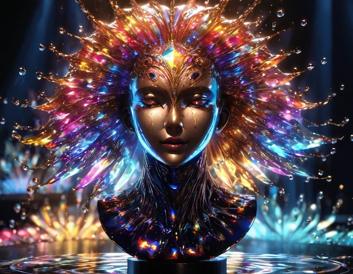 Una pintura digital ultrarrealista que captura The Amazing Digital Circus, features a central ferrofluid structure with shiny pearlescent dewdrops along its surface, exhibiting dynamic refraction and diffraction of light causing a wide variety of colors, backlighting that increases the sculptural shape of the fluid, dramatic lighting, detalle ultrafino, Octane representation. renderizado en Unreal Engine para un efecto fotorrealista. Unforgettable impression, enhanced by volumetric lighting, auras, rayos, con reflejos de colores vivos
