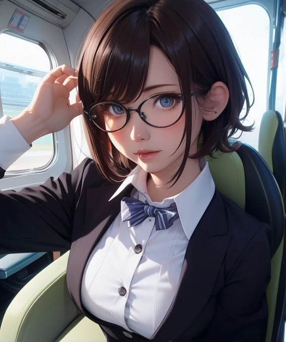 masterpiece,best quality,detailed,1girl,solo,sexy stewardess uniform,short hair, messy hair, adjusting hair, semi-rimless eyewear,
,