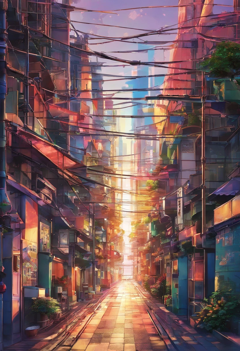 A miniature image of a city stretching from alley to street, super detailed, masterpiece, highest quality, super high quality, 不条理なdetailed, The best light, Best Shadow, sharp, sharp image, detailed, extremely detailed, Amazing resolution, 8k, 4K, Ultra-high resolution, Volumetric, Bright fairy, Particle Effects, Beautiful Effects, neon, neon light, Sunbeam, sunlight, (People on the street)