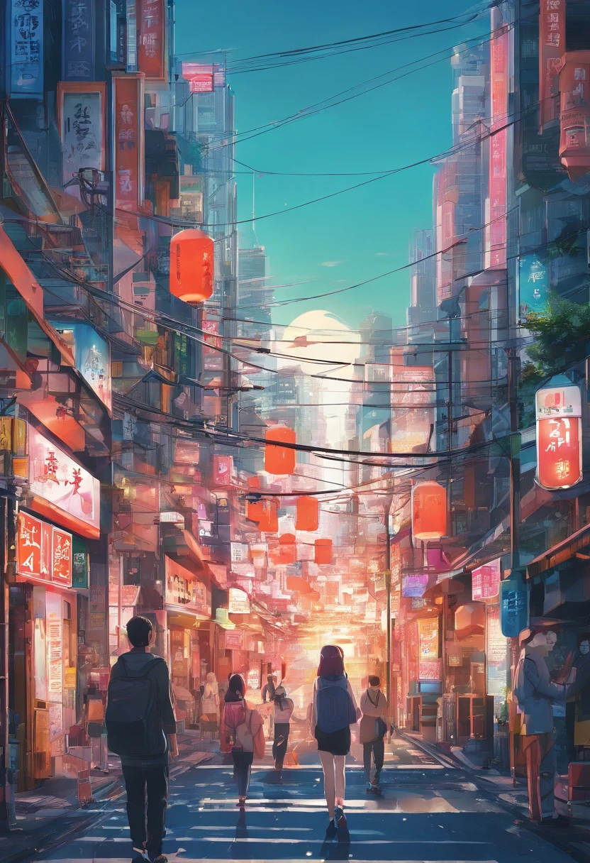 A miniature image of a city stretching from alley to street, super detailed, masterpiece, highest quality, super high quality, 不条理なdetailed, The best light, Best Shadow, sharp, sharp image, detailed, extremely detailed, Amazing resolution, 8k, 4K, Ultra-high resolution, Volumetric, Bright fairy, Particle Effects, Beautiful Effects, neon, neon light, Sunbeam, sunlight, (People on the street)