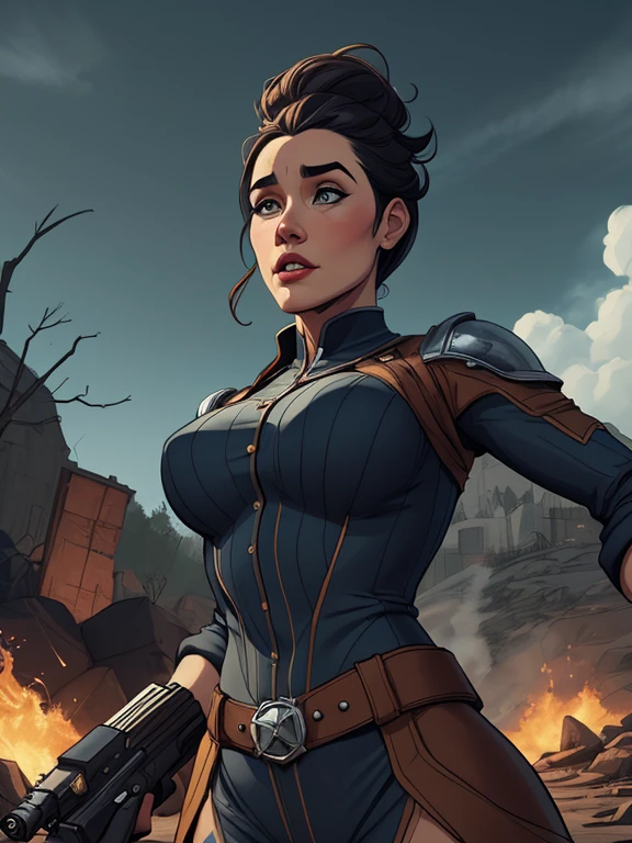 Jeday style woman character with lightsaber warrior armed with a 38 revolver western atompunk style Fallout 4 Jennifer Connelly le with marks of war Cartoon image of a woman .Ilustra??o estilo desenho animado, estilo de arte dos desenhos animados, estilo de arte dos desenhos animados, digital illustration style, estilo atompunk design de personagens altamente detalhado, arte digital detalhada coragem, Forest fan art, Design de personagens de retrato, beautiful digital illustration, retrato de alta qualidade, Arte em quadrinhos, mulher jovem cabelo com transas lindas . Queen Anna of ArendelleBeautiful lined eyes Medium large bust and wonderful sexy clothes. image expression of sexual desire from waist to head illustration Queen Anne of Arendelle atompunk style Fallout 4 The perspective is from below, enfatizando a majestade e o poder da Gigante." armed with a 38 revolver western style with a 38 revolver in her hands jeday style warrior with lightsaber