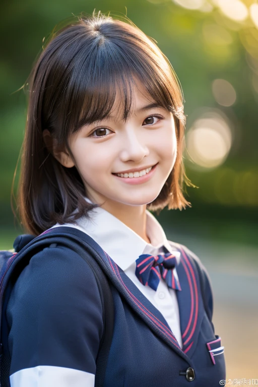 (8k, RAW photo, best quality, masterpiece:1.2), (realistic, photo-realistic:1.37), natural, (symmetrical clear eyes:1.3), ultra high res, super detail, Ultra Detailed, Detailed Skin, Sharp Focus, shiny hair, shiny skin, (finely detailed face:1.2), cinematic light BREAK 1 girl, japanese, (((18 yo:1.6, kawaii, cute, young, baby face))), detailed eyes, facial lighting, (medium breasts:1.2), smooth skin, no makeup glowing eyes，BREAK , (looking at viewer:1.2), (happy smile:1.5), (perfect anatomy:1.2) BREAK ((school uniform:1.5),wear a backpack