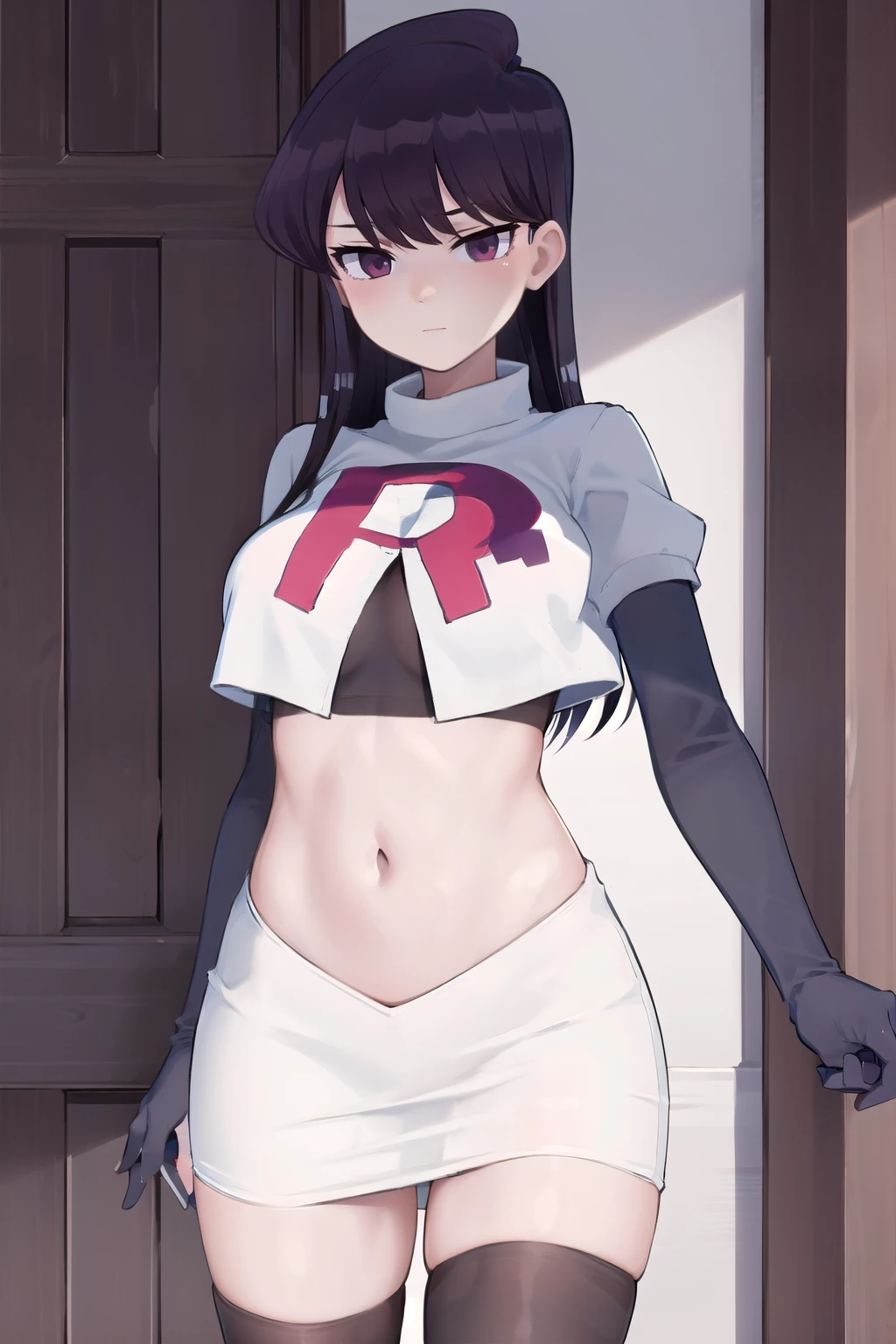 masterpiece, best quality, 1girl, solo, komi-san wa komyushou desu, looking at viewer, team rocket,team rocket uniform,white skirt,red letter R,crop top,black thigh-highs, cowboy shot 