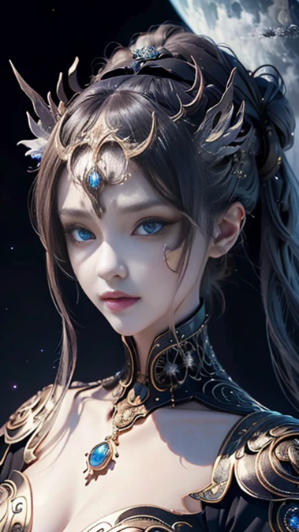 (((Body Portrait)))、(highest quality,Very detailed,Best illustrations,Best Shadow,masterpiece,High resolution,Professional artwork,Famous works of art),(fine grain,Beautiful Eyes),(Depiction of cleavage),science,Colored sclera,(((黒くてBeautiful Eyes,iris)))、Facial Pattern,tattoo,(Fractalized,Fractal Eye),Big eyes,Big eyes,Eye focus,((Facial details)),Eyes of the Universe,Metal sculpture depiction of woman with moon in hair,welcome。Very detailedな,welcomes portrait,Highly detailed footage of the welcomes,a stunning portrait of a welcomes,Side image of the welcomes,portrait of a beautiful welcomes,(Full body close-up of welcomes),goddess hecate,portrait of a norse moon welcomes,welcomes of space and time、((masterpiece、highest quality、超High resolution、High resolution))、4K quality、(Extraordinary beauty)、