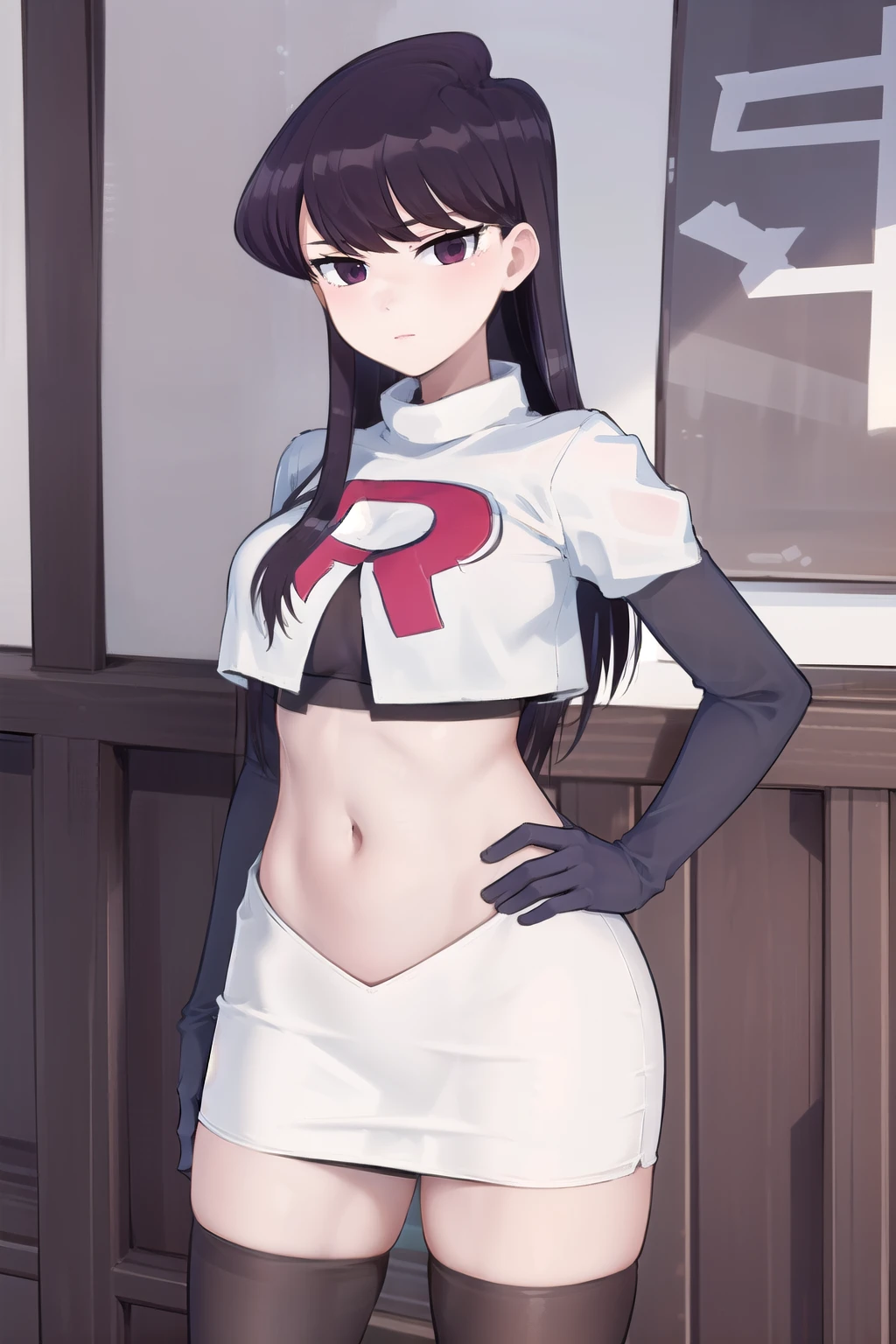 masterpiece, best quality, 1girl, solo, komi-san wa komyushou desu, looking at viewer, team rocket,team rocket uniform,white skirt,red letter R,crop top,black thigh-highs, cowboy shot 