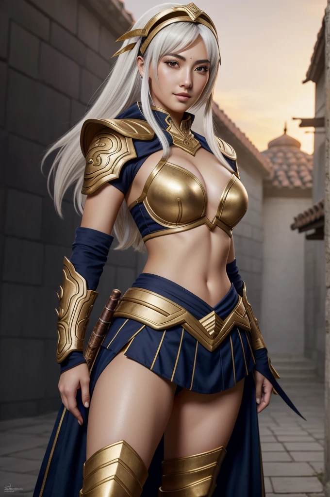 una mujer sexy con una falda de armadura de encaje de loto rosa y oro blanco, sartén chengwei en artstation, por Yang J., detailed fantasy art, impresionante arte de personajes, fanart best art station, Exquisite and epic character art., hermosa armadura, extremely detailed artistic germ, arte de anime digital detallado, artgerm en artstation pixiv, chica armadura, escote pechos grandes:1.2, (mini falda:1,5)