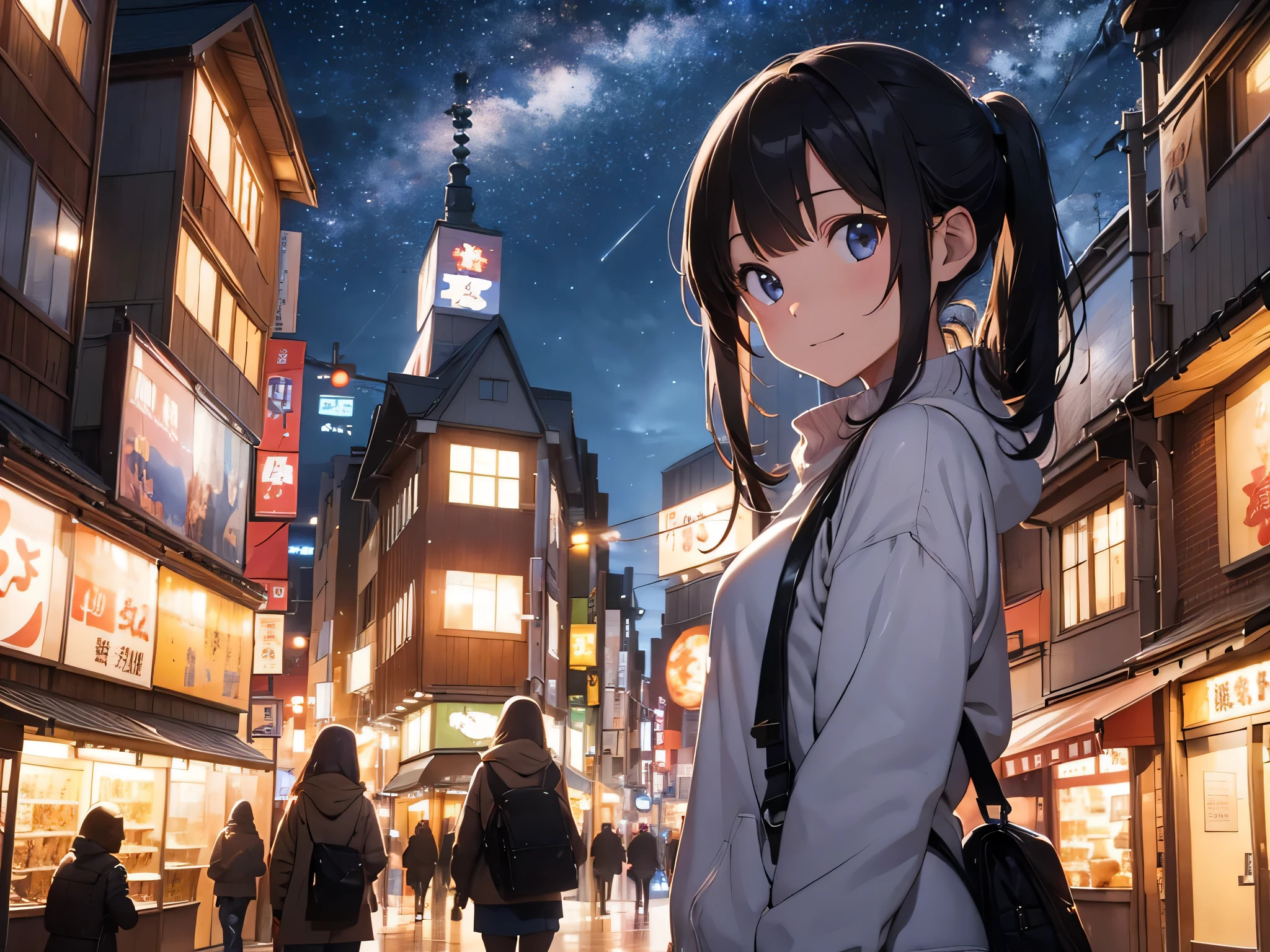 Christmas, Walking around town, girl with, 18year old, Smile, Wear winter clothes, Colorful illumination, ​masterpiece, top-quality, highly detailed anime, Well-formed face, Shining eyes, Balanced proportions, Dramatic Lighting, Night, Starry sky, Background of the Tokyo cityscape