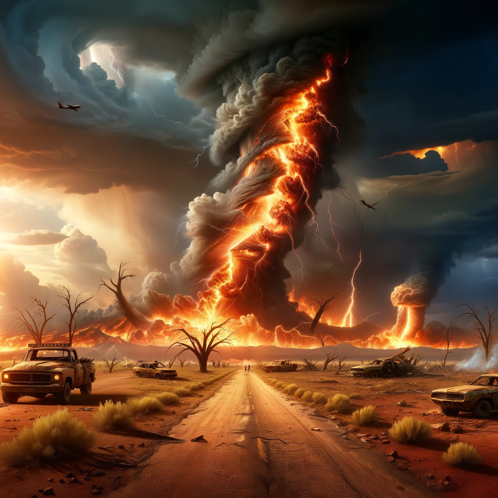 Lightning fire tornadoes ravage a desolate world, a testament to its dying breath.