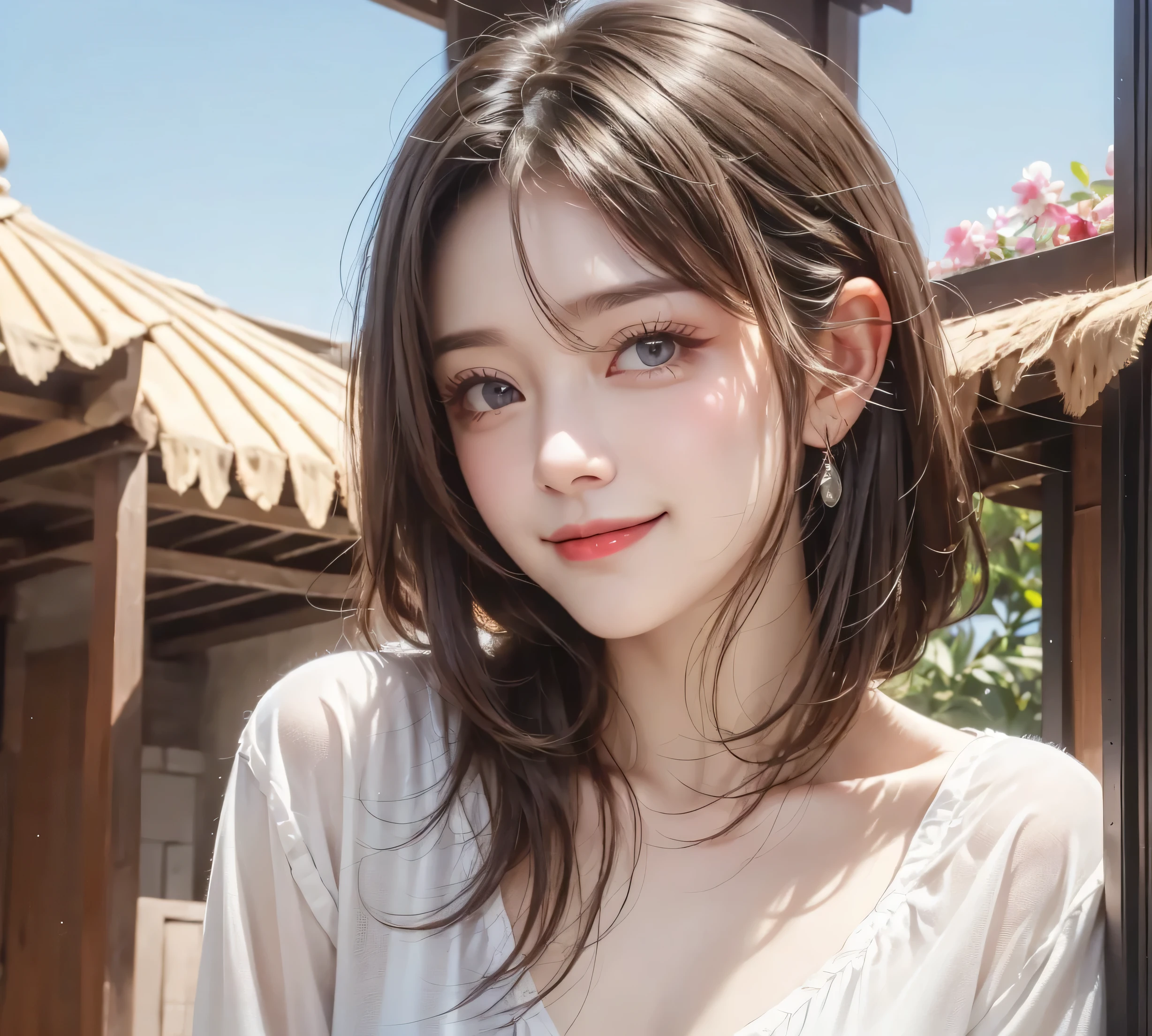 RAW photo、Please keep looking at me、Bright screen、light brown medium bob hair、8K、outdoor、blue sky、Upper body、Photographed alone、40 years old、smile