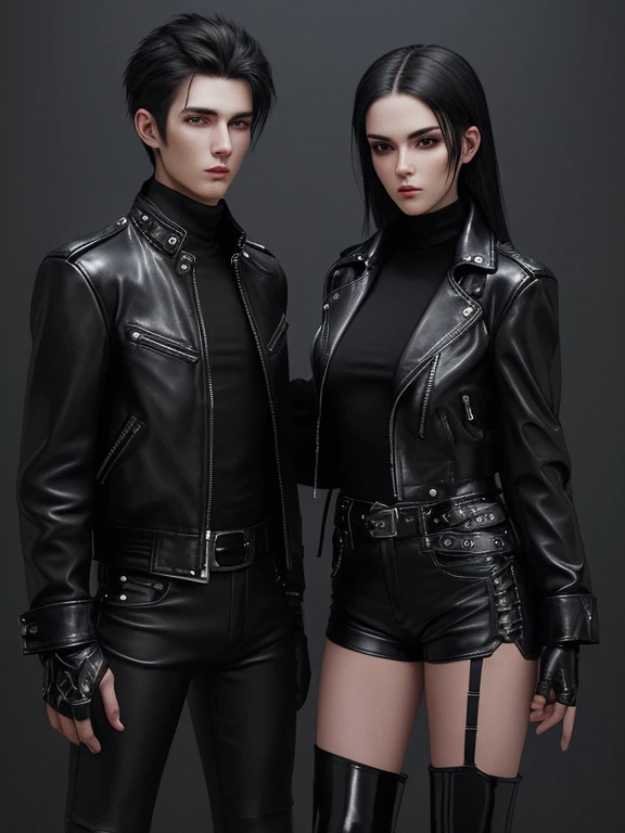 Final Fantasy-style graphics, young, Cute and cool Japanese boys and girls, Both have thin eyebrows and large eyes, Both are wearing shiny white single-breasted leather jackets.。..。Biker style leather jacket、 with epaulettes, The jacket is zipped up, The jacket pockets are black., The jacket has a high stand-up collar with a belt,They are both wearing black turtlenecks.., The man is wearing black leather pants、The girl is wearing black leather shorts and black pantyhose., Both of them are wearing thin black leather gloves.., The man was wearing long black leather lace-up boots.,、The girl is wearing black leather knee-high boots.、 Please show me your whole body, From head to toe., Final Fantasy Style、((Handsome))、((Beauty))、((Man and woman couple))、((Clear eyes and nose))、((Shiny white single leather jacket))、((Both jackets must be white.))((The jacket has epaulettes))、((The jacket has a high stand-up collar and a belt.))、((The jacket has a black pocket))、((Black turtleneck shirt))、((Man in shiny black leather pants))、((She's wearing shiny black leather shorts))、((Shiny black leather gloves on both handen's black lace-up leather long boots))、((The woman is wearing knee-high leather boots))、((Woman wearing black pantyhose))、((View the whole body image from a distance))、Realistic image quality and texture、In a small cell、close your eyes、Has a gentle smile、((The jacket is closed with a zipper))、((Neither of them have exposed skin below the neck.))、((The two stand side by side))、