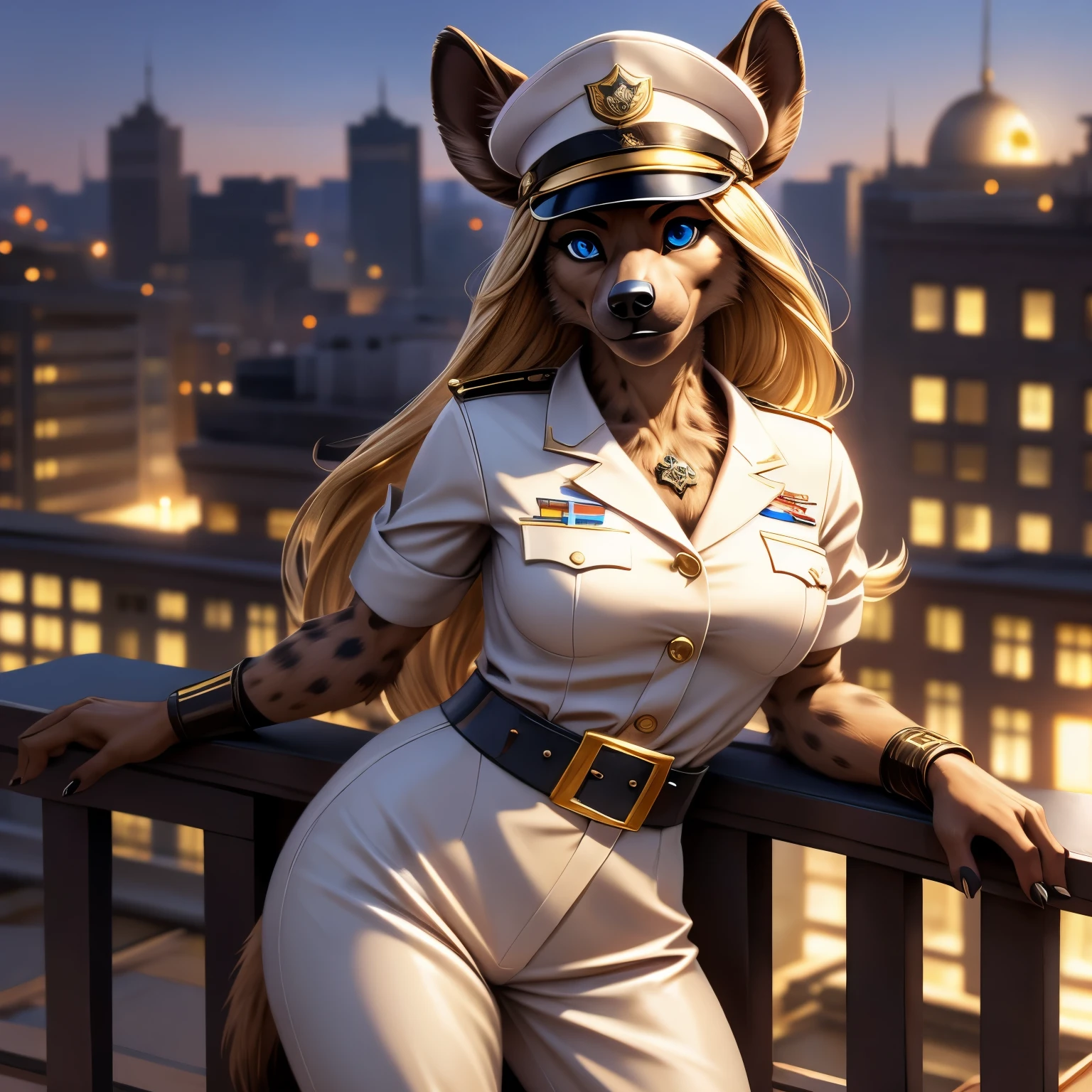 Hyena Furry woman in her 20s, (perfect face), defined jawline, beautiful lips, (beautiful bright blue eyes), (long flowing blonde hair), (navy blue military officer uniform), (gold trimming in outfit), brown leather belt with gold buckle, (medals on her chest), (rank symbol on arm), (military cap with gold symbol), (posing seductively on balcony), warm lighting, looking at viewer, (medium shot photograph), (city capitol background), photorealistic, Furry hyena, hyena woman, furry 