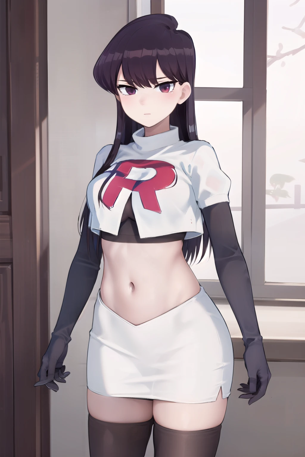 masterpiece, best quality, 1girl, solo, komi-san wa komyushou desu, looking at viewer, team rocket,team rocket uniform,white skirt,red letter R,crop top,black thigh-highs, cowboy shot 