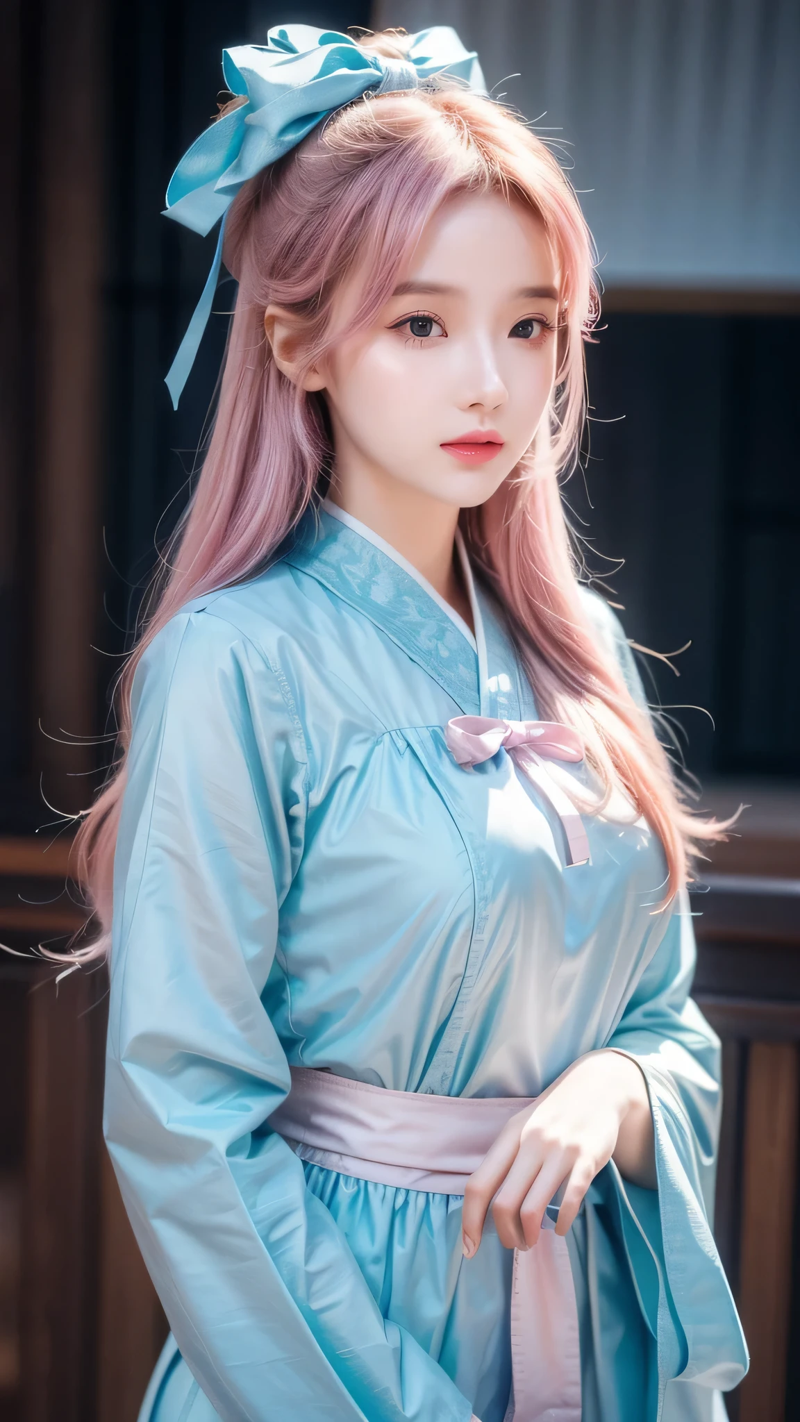 (finely detailed beautiful eyes and detailed face,masterpiece sidelighting,masterpiece,best quality,detailed,High resolution illustration),, (1 Girl,whole body,beautiful girl,Glowing skin,look down,Looking at the audience),, (Pink Hair,blue eyes,ribbon,Hanbok, korean clothes), (wearing clothes_Lower Bust:1.2),Lower breasts,