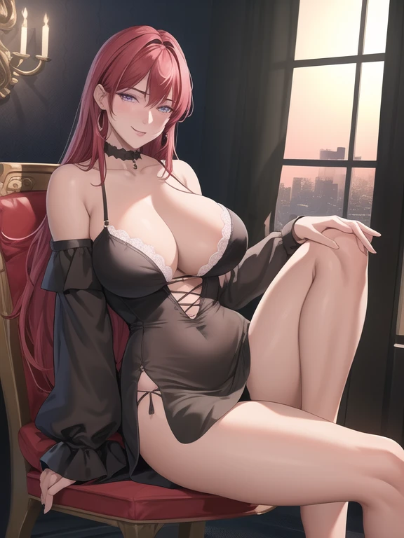 (high quality:1.2), masterpiece, ultra high quality, intricate detailed, digital art, TakashiroHiroko, 1girl, mature female, solo, hand on lips, crossed legs, dangling one shoe, seductive, tanned skin tone, full body shot, looking at viewer, smile, blush, purple eyes, long hair, red hair, long earrings, jewelry, velvet choker collar, lace off shoulder black crop top, white ruffle micro mini skirt, black ballerina flat shoes, red eyeshadow, curvy, large breasts, cleavage, gothic apartment, window, dark sky, sunlight, city, complex background, sunset, (Best quality, Ultra-detailed, Anime Pictures, Game CG, art cg, Photorealistic, Movie lighting, perfect shadow, realistic lighting shaded, Unity 8k wallpaper), Hiroko Takashiro, Perfect eyes, Perfect face, vulgarity, nose blush,view the viewer,Sexy pose,sit on chair, 