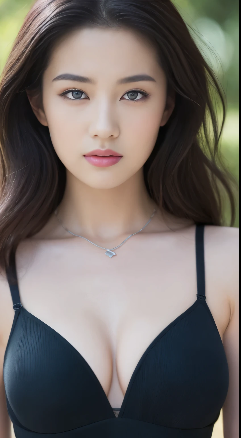 ((Best quality, 8K, Masterpiece :1.3)), Sharp focus :1.2, perfect figure beautiful woman:1.4, Slim abs:1.2, ((Layered Hair Style, large tit:1.2)), (Tank top shirt:1.1 , bra mark , bra strap), (parks:1.2), Highly detailed facial and skin texture, A detailed eye, double eyelid, necklace, fullbody