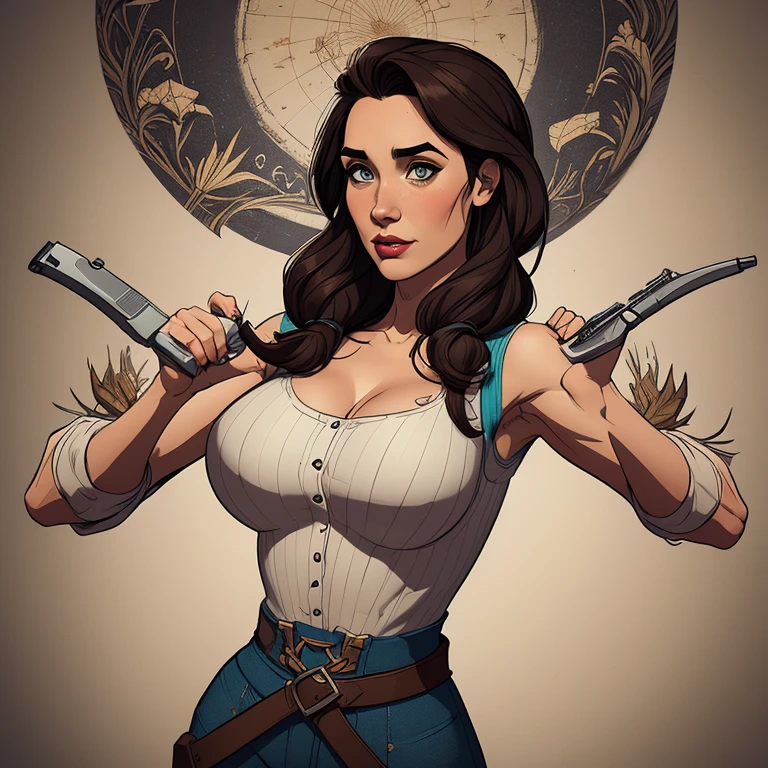 Woman character jeday style warrior armed with a 38 revolver western style atompunk Fallout 4 Jennifer Connelly le with marks of war Cartoon image of a woman .Ilustra??o estilo desenho animado, estilo de arte dos desenhos animados, estilo de arte dos desenhos animados, digital illustration style, estilo atompunk design de personagens altamente detalhado, arte digital detalhada coragem, Forest fan art, Design de personagens de retrato, beautiful digital illustration, retrato de alta qualidade, Arte em quadrinhos, mulher jovem cabelo com transas lindas . Queen Anna of ArendelleBeautiful lined eyes Medium large bust and wonderful sexy clothes. image expression of sexual desire from waist to head illustration Queen Anne of Arendelle atompunk style Fallout 4 Free perspective " armed with a 38 western style revolver with a 38 revolver in her hands jeday warrior style