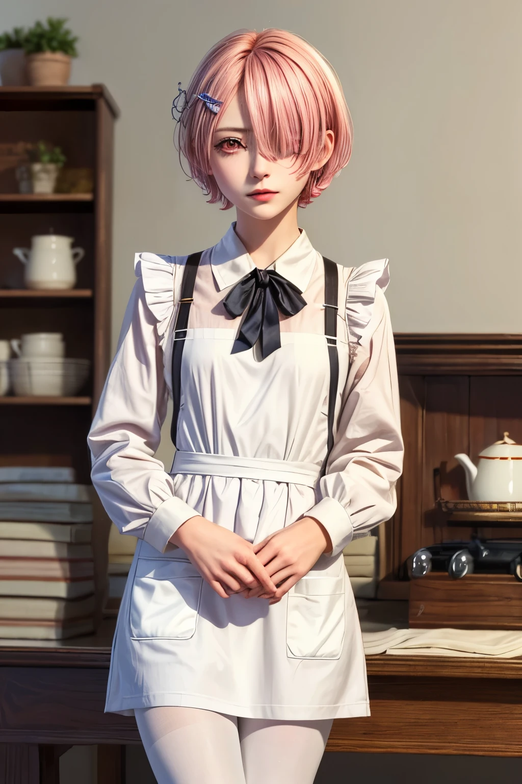 ((highest quality)), ((masterpiece)), figure, (detailed), One girl, Ram_Re:Zero, cute, Little, Sharp Eyes, Pink Hair:1.1, short hair, (Hair on one eye:1.3), Red eyes:1.2, roswaal apartment maid uniform, apron, (White Pantyhose:1.2), View your viewers, Upper Body, anger, Irritation, Sick of it, Glare, apartment, (High resolution:1.2),