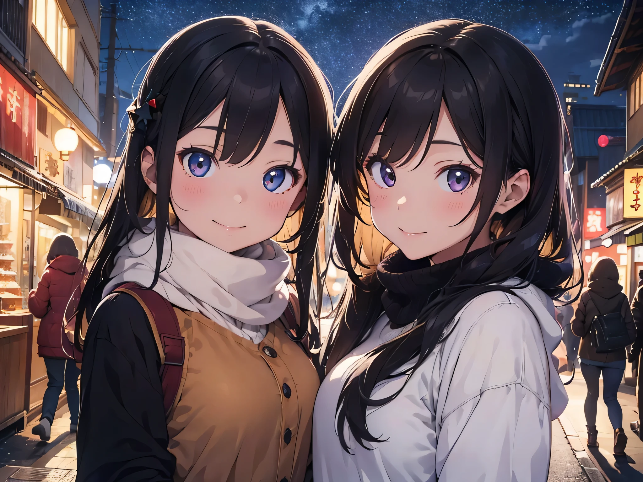Christmas, Walking around town, girl with, 18year old, Smile, Wear winter clothes, Colorful illumination, masterpiece, top-quality, highly detailed anime, Well-formed face, Shining eyes, Balanced proportions, Dramatic Lighting, Night, Starry sky, Background of the Tokyo cityscape