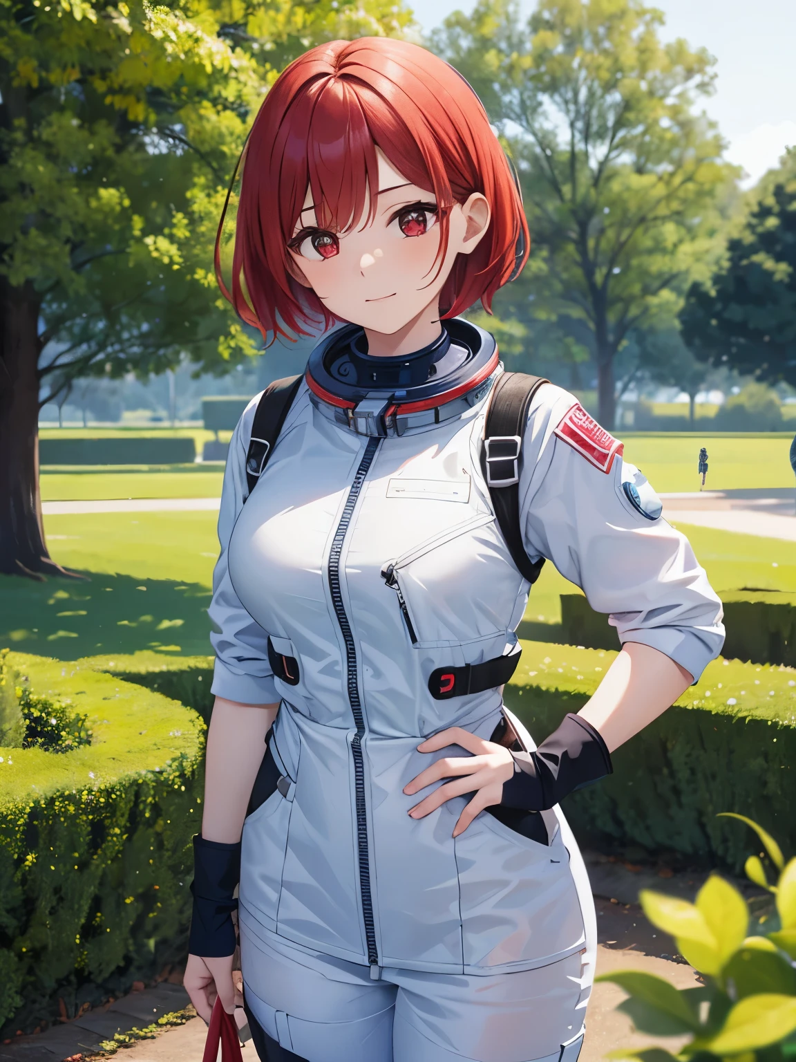 1 adult woman,woman,adult,30 years old,Red hair,red eyes,astronaut uniform, short hair,Stand, in the park, ultra detailed,ultra Hd