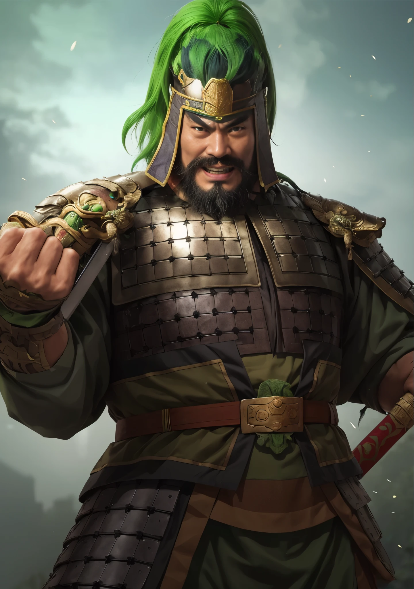 There was a man，Has green hair，Wearing a green wig，Holding a sword in hand, guan yu, Inspired by Hu Zaobin, China Three Kingdoms, bian lian, Inspired by Li Kan, Inspired by Wu Bin, from three kingdoms, inspired by Huang Ding, Inspired by Huang Shen, , an angry muscular army general, Mongol