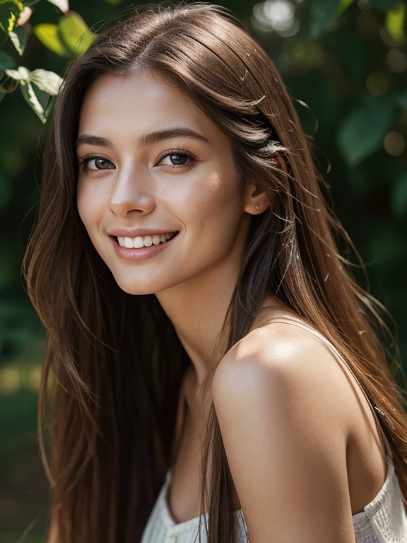 woman posing for a photo, Laugh, Happy, Long hair, Straight hair, finely detailed skin, During the day, A hot summer day, Nature lighting, detailed face:1.2, sharp focus, Hasselblad photography, masterpiece, Light makeup, cinematic lighting, 4k, best quality